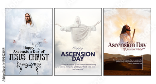 Ascension Day of Jesus Christ religious posters, Christian holiday greeting cards with divine light and clouds, set of 3 spiritual vector illustrations