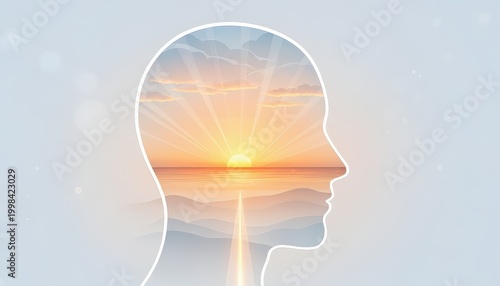 Positive Mind & Mental Health concept. Human head silhouette with sunrise and road symbolizing mindset and journey