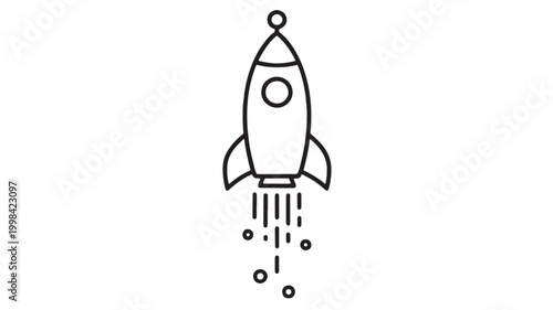 Rocket ship icon with simple black line art, fins, window circle and dynamic motion splash effect featuring vector style, space, launch with startup