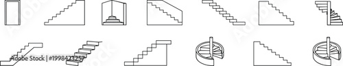 Black and white line drawings of staircases including straight, spiral, cantilevered, and enclosed architectural designs in vector illustration