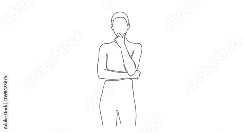 Minimalist line art drawing of a person in a thoughtful pose, with one hand on their chin and arms crossed, representing contemplation or deep thought.