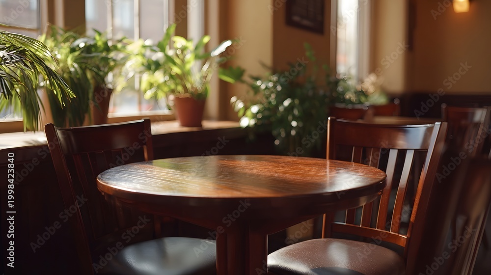 Fototapeta premium A warm inviting cafe interior featuring a round wooden table surrounded by lush potted greenery and seating