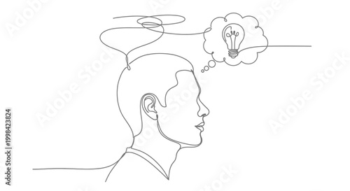 Continuous line drawing of a man's head in profile with a lightbulb idea in a thought bubble, representing creativity and problem-solving.