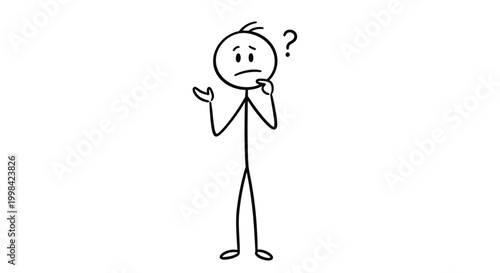 A simple black and white stick figure drawing depicting a person in a state of confusion or asking a question, with a question mark above their head.