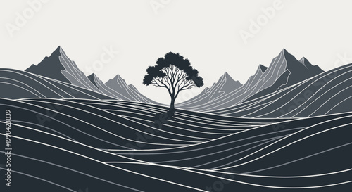 A minimalist landscape illustration featuring a solitary tree amidst rolling wavy lines and sharp mountains under a serene sky.