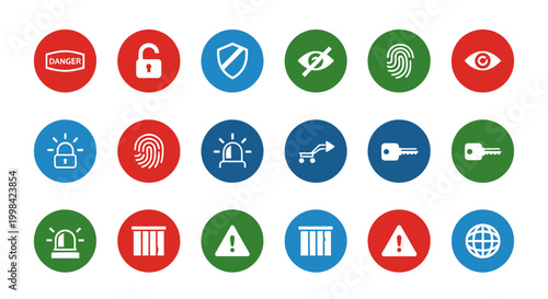 A collection of security, privacy, and warning icons in a circular design.