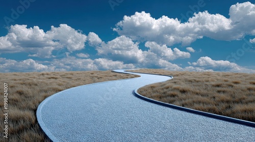 Serene Winding Path Through Grasslands Under a Bright Blue Sky with Fluffy White Clouds Emphasizing Tranquility and Nature's Beauty