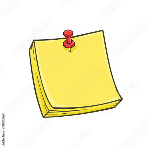 Hand-drawn sticky note pinned with a red thumbtack, isolated on white, symbolizing reminders and notes