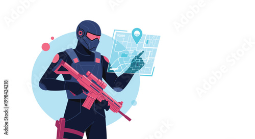 Futuristic soldier wearing high tech tactical armor and helmet analyzing a digital holographic map while holding a specialized rifle.