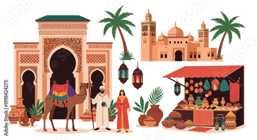 Assortment of Moroccan cultural elements featuring traditional architecture, people in local attire, a camel, and artisanal market stalls.