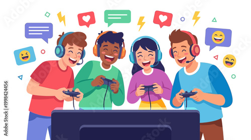Illustration of a diverse group of friends engaged in multiplayer gaming with controllers and headsets, surrounded by colorful chat icons and emojis on a clean white background.