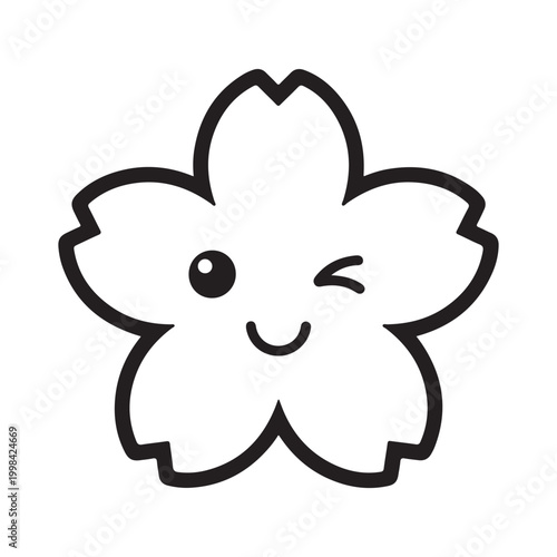 Kawaii winking cherry blossom flower character line art vector isolated on white background