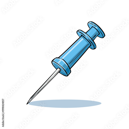 A simple blue syringe with a sharp needle and plunger on a white background