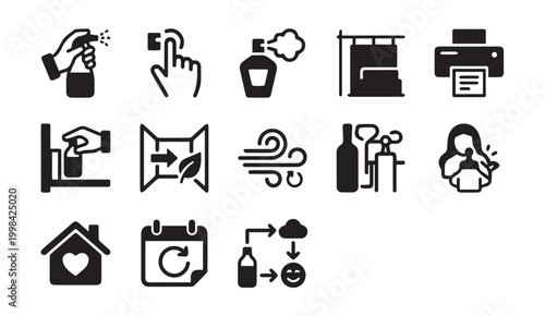 Photos Home and lifestyle icons: cleaning health comfort with cleaning, fragrance