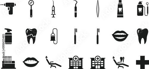 Dental tools and healthcare icons set in black and white