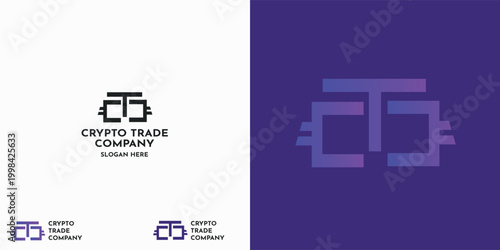 Professional identity design for a cryptocurrency trading company or financial institution. The logo features a minimalist geometric monogram of letters "C" and "T" with tech-style connection nodes. I