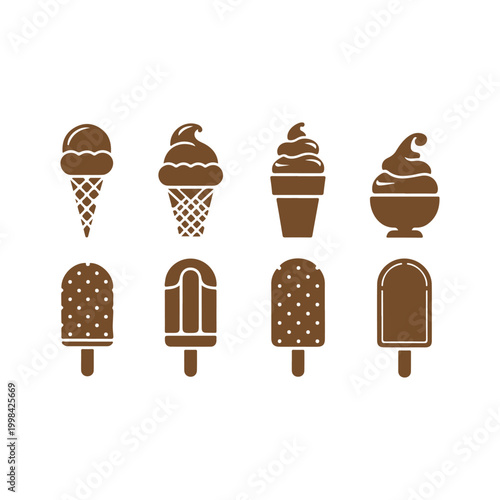 A professional set of eight unique ice cream and popsicle featuring various styles including waffle cones, soft serve, and chocolate-dipped popsicles
