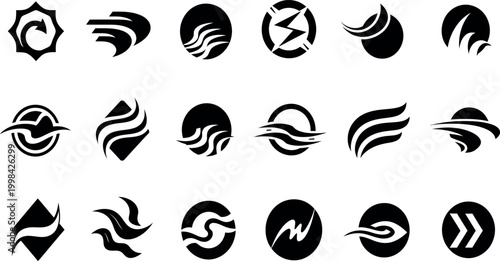 Minimalist abstract logo icons set, 18 black geometric symbols for corporate branding, modern wave and motion graphic elements, vector sign collection