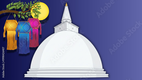 White Buddhist stupa with colorful Vesak lanterns and full moon on dark blue night background