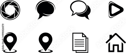 Minimalist black web icon set, 8 modern vector UI symbols, flat interface elements for mobile apps and website navigation, clean digital communication graphics