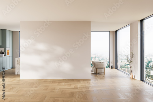 Fotografie Modern interior design of apartment, kitchen, island, empty living room with beige wall, panorama
