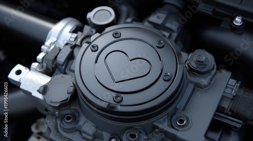 Close up of a black engine component with a heart symbol and metallic parts