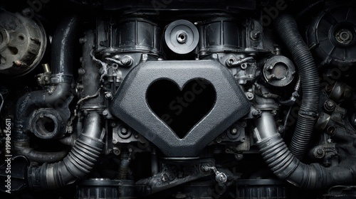 Industrial machine engine with heart shaped element in metallic tones