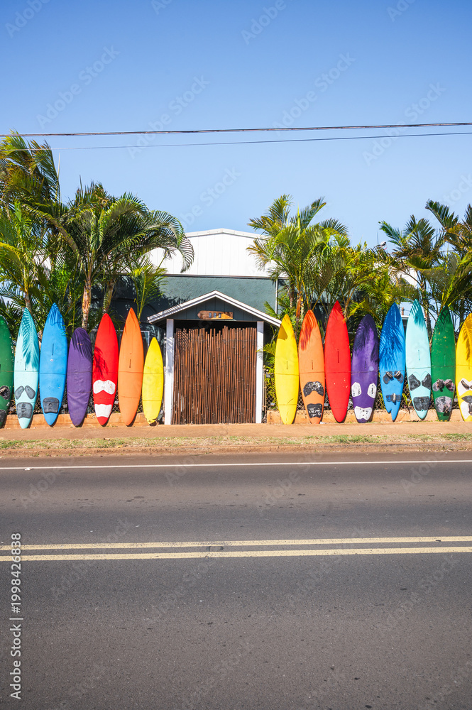 Fototapeta premium Fence made of old surfboards, as seen from the public road. Maui, Hawaii