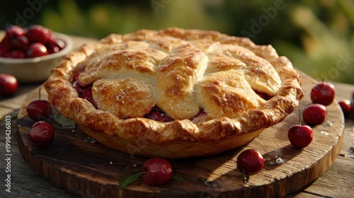 Delicious cherry pie on wooden board with fresh fruit close up