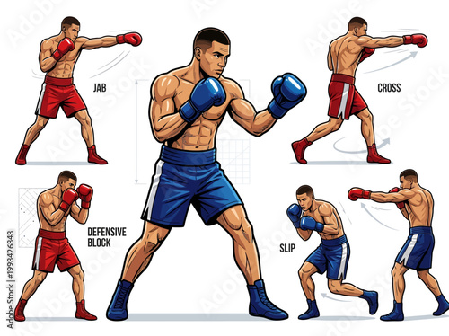 Photos Boxing Basics Infographic Illustration with Jab, Cross, Block and Slip Techniques