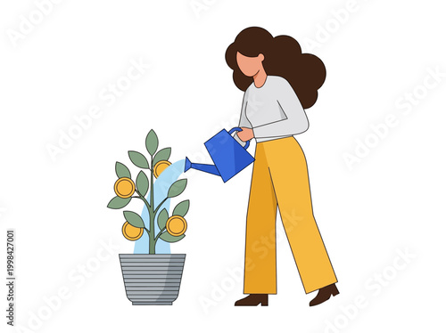 Woman Watering a Money Tree Plant - Financial Growth, Investment, and Wealth Creation Concept Vector Illustration
