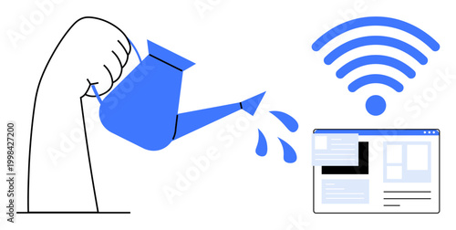 Digital marketing, website growth, internet connectivity, online innovation, strategic planning, technological advancement. Hand pouring water onto a website with a wireless symbol. Digital marketing
