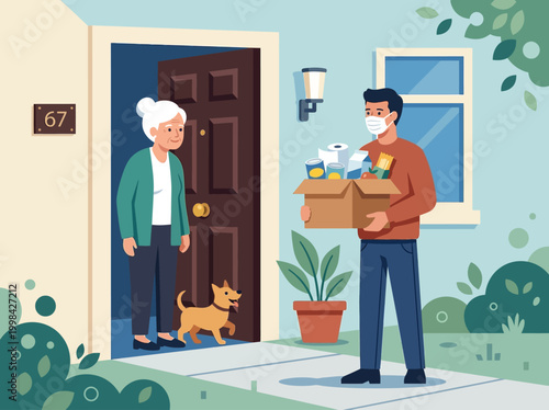 Volunteer in Face Mask Delivering Groceries to Senior Woman at Home Entrance - Community Support and Charity Concept