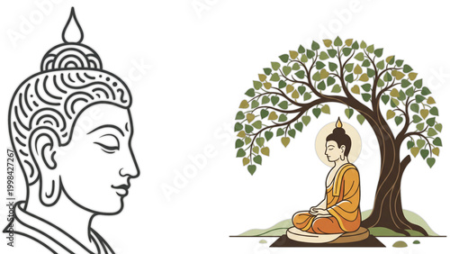 Lord Buddha meditating under Bodhi tree and Buddha face line art illustration for spiritual design