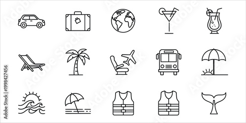 Travel and vacation icons a collection of summer and leisure symbols