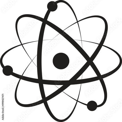 Stylized atomic structure with orbiting electrons and central nucleus, electron
