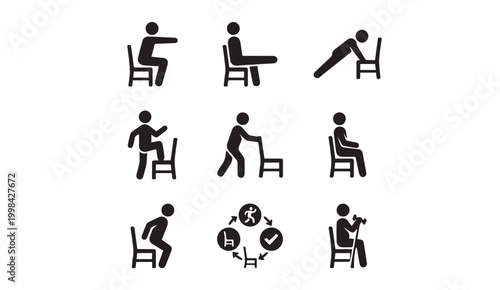 Chair exercise icons for seniors and fitness with push up step up exercise