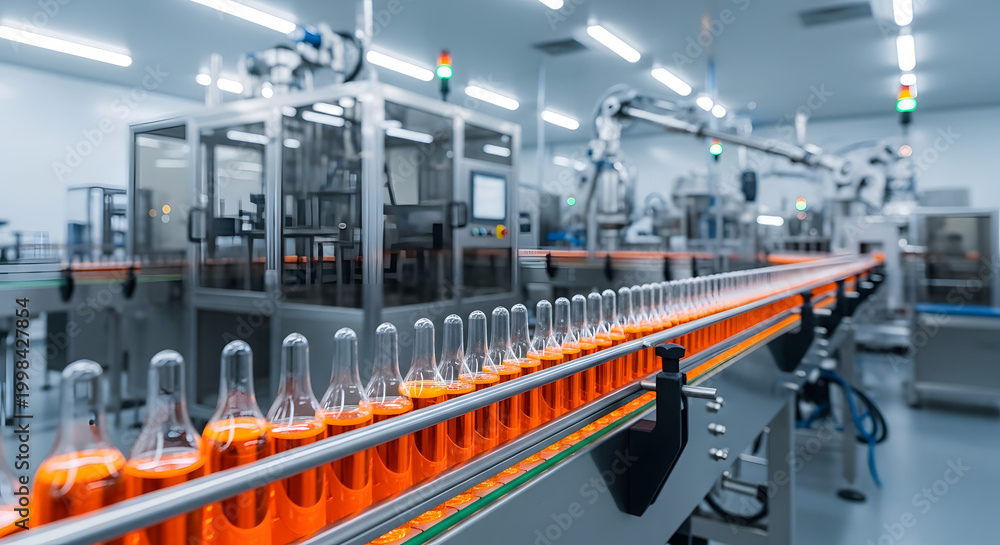 Fototapeta premium Pharmaceutical manufacturing line with orange vials on conveyor belt. Generative AI