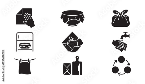 Eco friendly sustainable practices icons set: reusable items cleaning recycling
