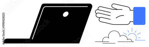Digital communication, technology interface, online connection, teamwork, innovation, virtual workspace. Black laptop, outstretched hand and abstract cloud with a sun. Digital communication