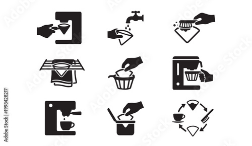 Coffee machine cleaning and maintenance procedures icons set with cleaning
