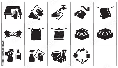 Comprehensive cleaning and laundry icons set: wiping washing folding sanitation