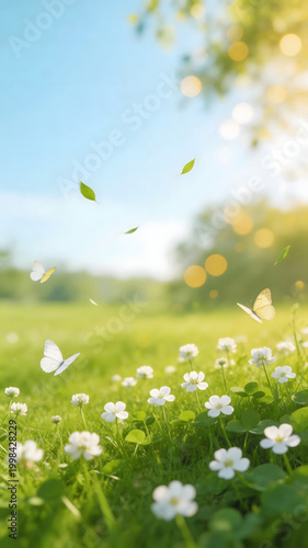 White butterflies fluttering over a spring meadow with blooming wildflowers and dappled sunlight