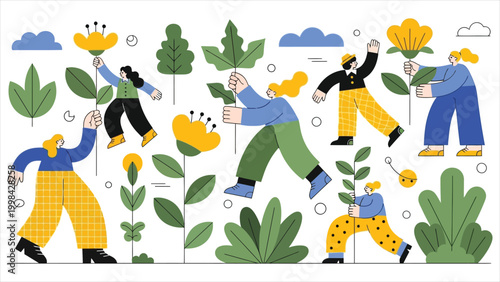 Greenery, Ecology - Modern Flat Vector Concept Illustration of People Surrounded by Plants and Flowers