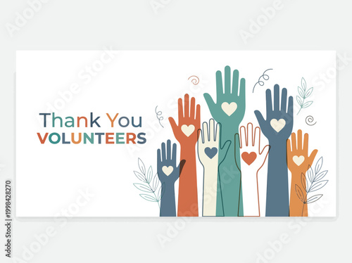 Volunteer Appreciation Graphic with Colorful Raised Hands and Hearts, Community Support and Charity Concept Illustration