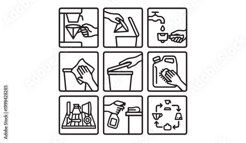 Household cleaning washing and waste disposal line icons set with cleaning