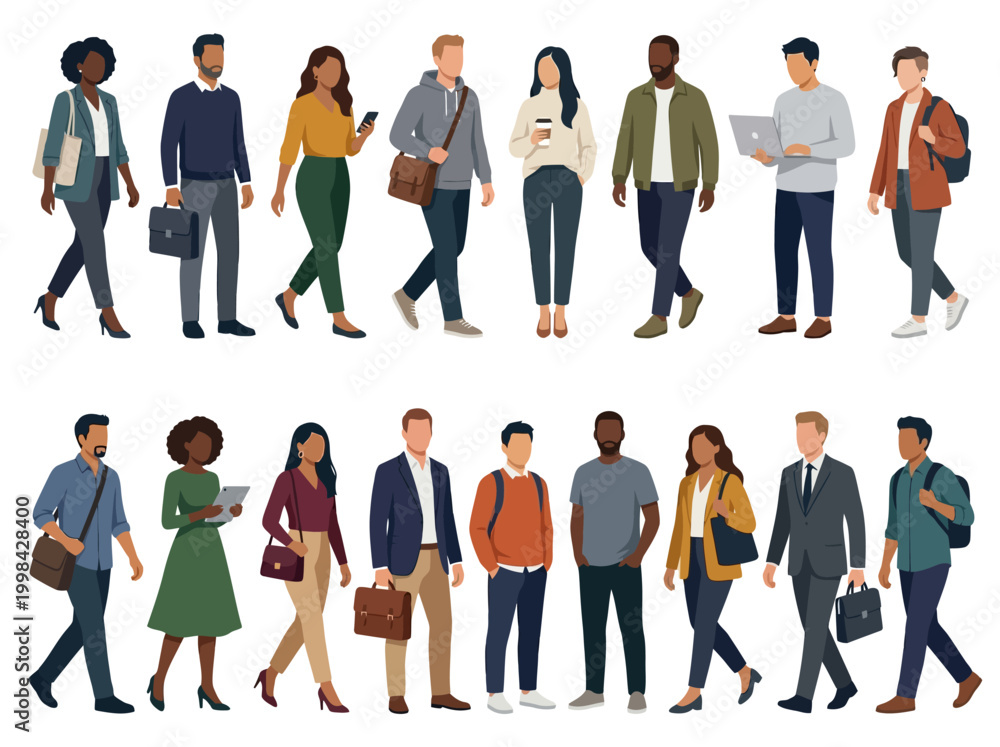 Obraz premium Diverse Group of Professionals and People Set: Flat Vector Illustrations of Men and Women in Casual and Business Attire