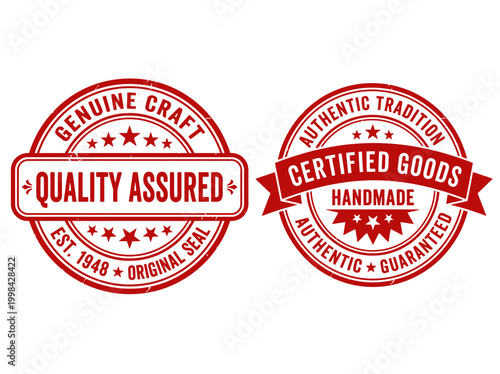 Vintage Red Quality Assured and Certified Goods Rubber Stamps with Distressed Texture - Set of Two Retro Seals for Product Branding