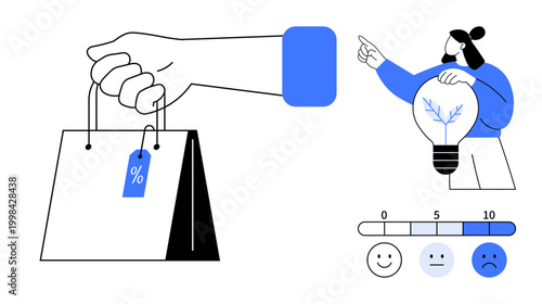 E-commerce, creative thinking, sustainability, customer experience, innovation, marketing strategies. Hand holding shopping bag with tag, woman pointing at bulb feedback scale. E-commerce