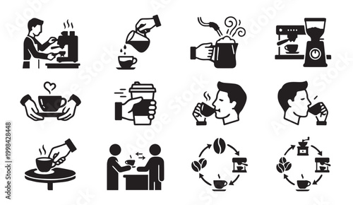 Comprehensive set of black and white coffee making and drinking process icons